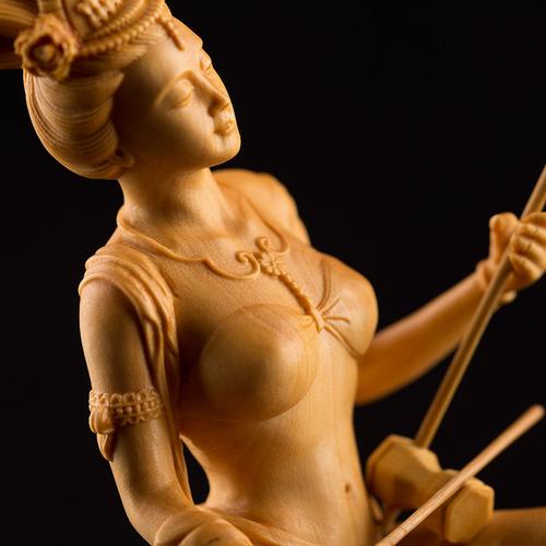 黄杨木雕手工雕刻人物工艺品仕女家居摆件实木吹笛美女创意收藏品